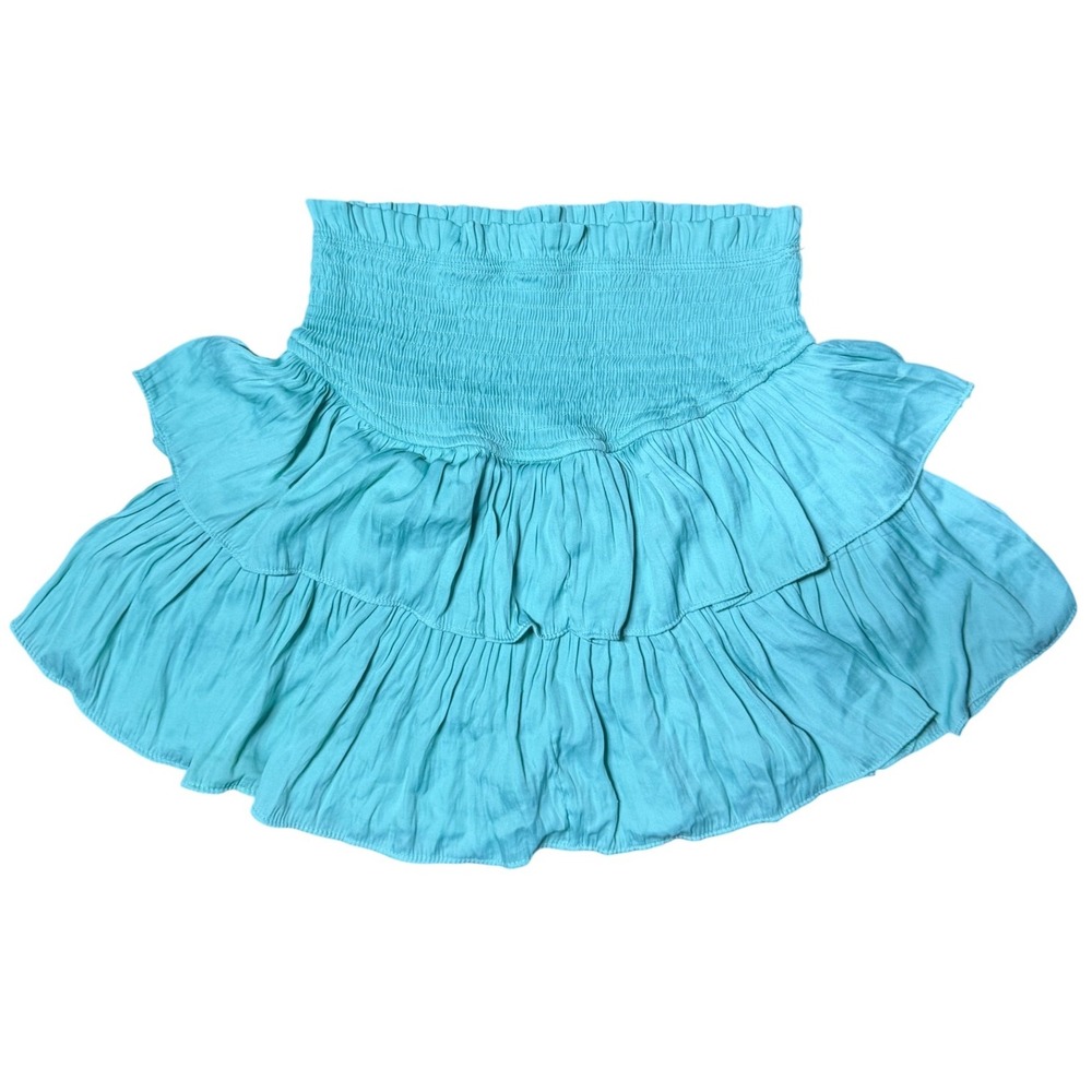 Mustard Seed Ruffle Smocked Mini Skirt S Teal Excellent Tiered Boho S16369
